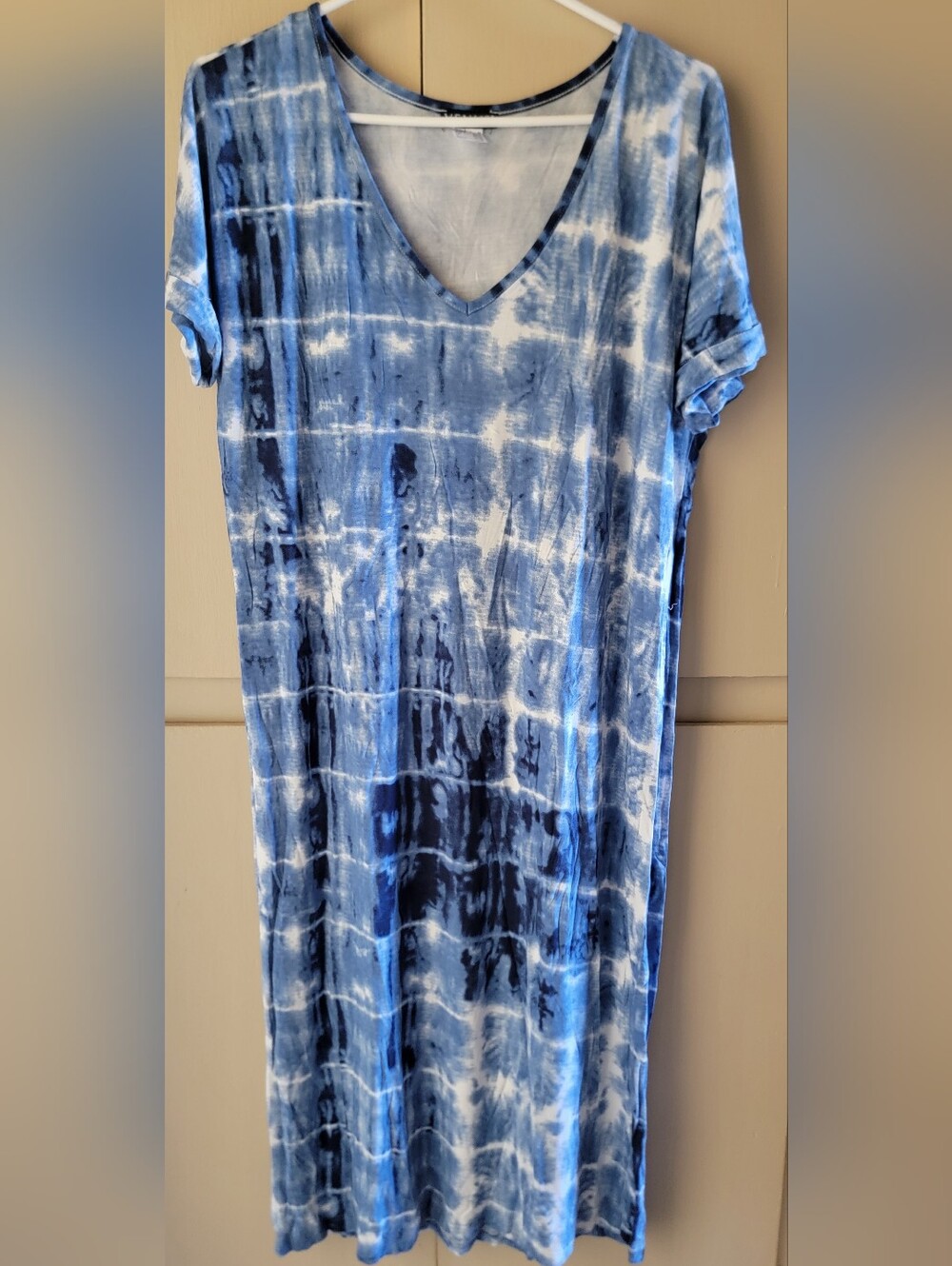 VENUS Blue and White Tie-Dye V-Neck Maxi Cover Up-Dress M